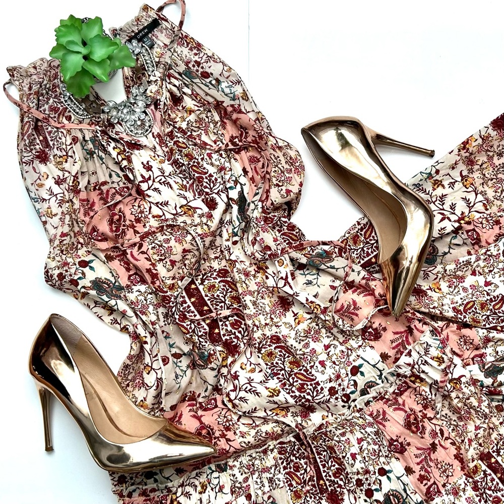 EUC Drew [Anthropologie] Boho Naomi Maxi Dress Floral Patchwork Gold Size M